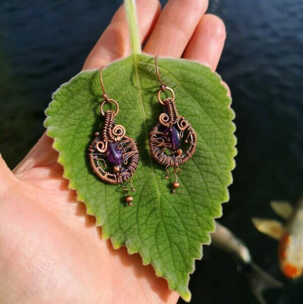 Copper wire wrapped amethyst earrings