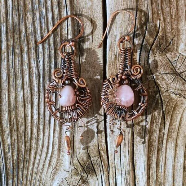 Copper wire wrapped Rose Quartz Earrings