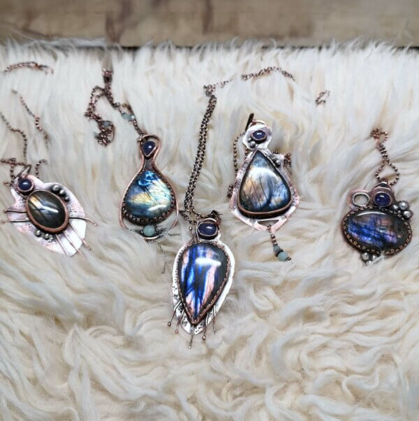 Copper-Silver pendants with Labradorite and Tanzanite